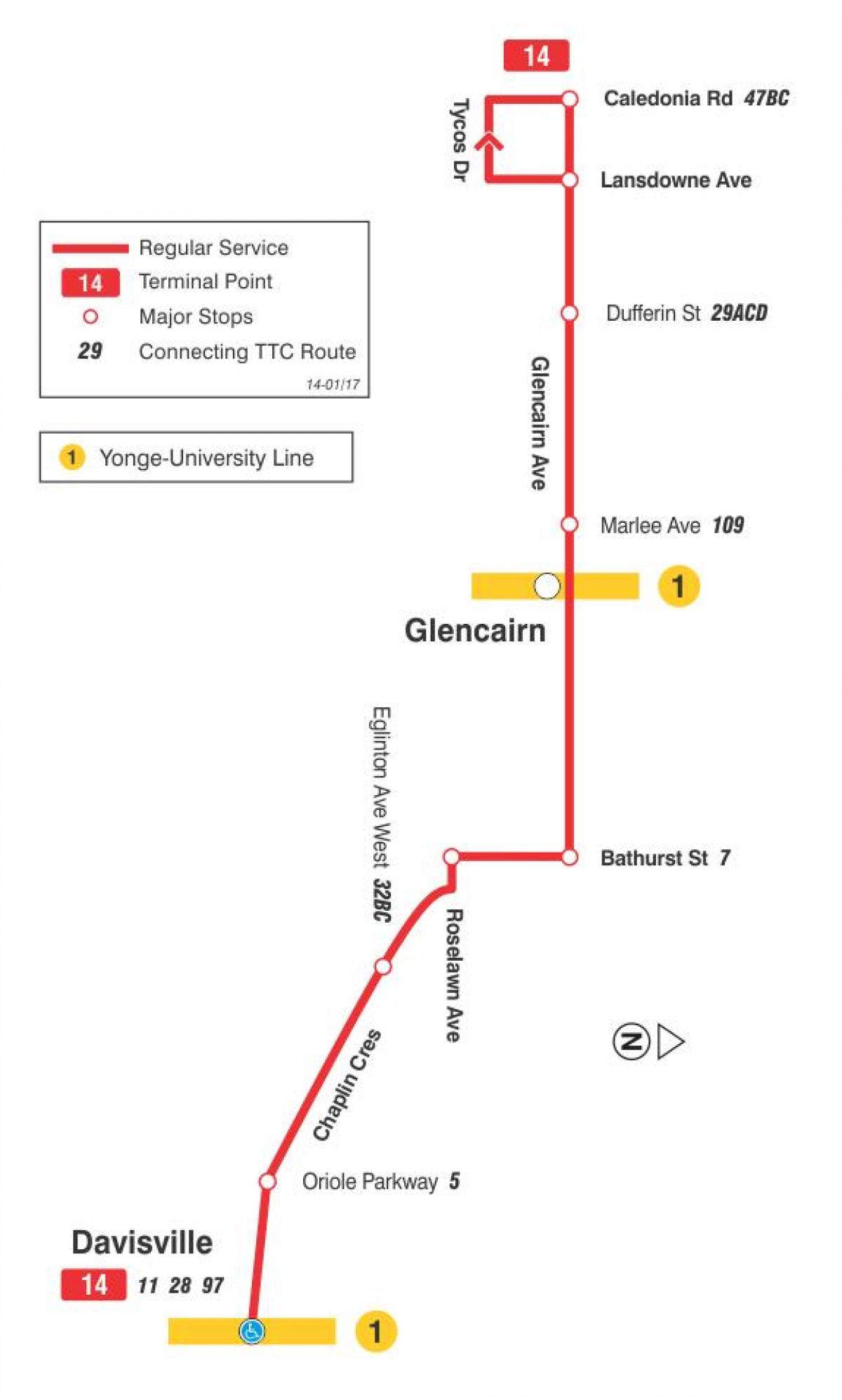 Kat jeyografik nan T 14 Glencairn wout otobis Toronto