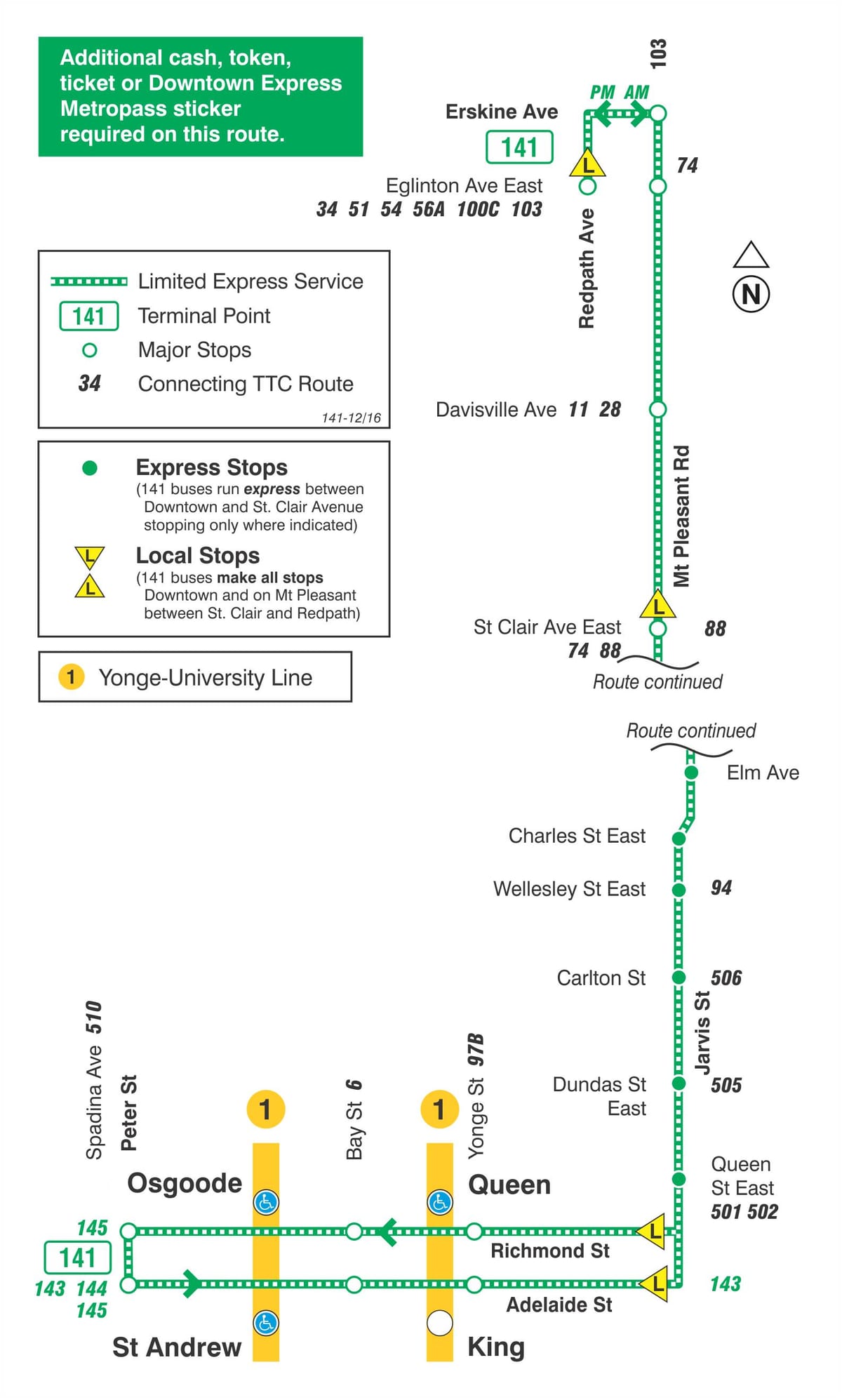 Kat jeyografik nan T 141 Lavil / Mt Pleasant Express wout otobis Toronto