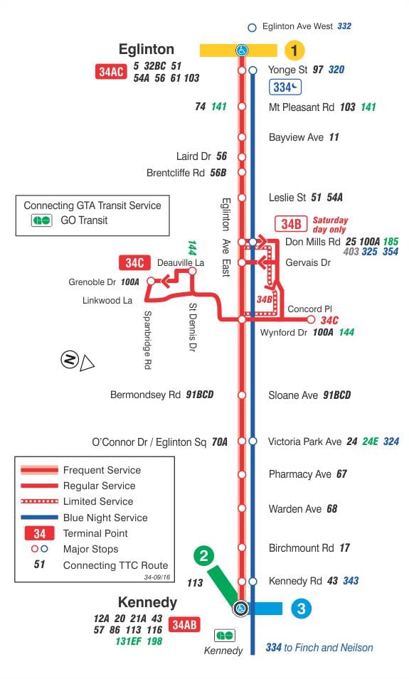 Kat jeyografik nan T 34 Eglinton bò solèy leve wout otobis Toronto