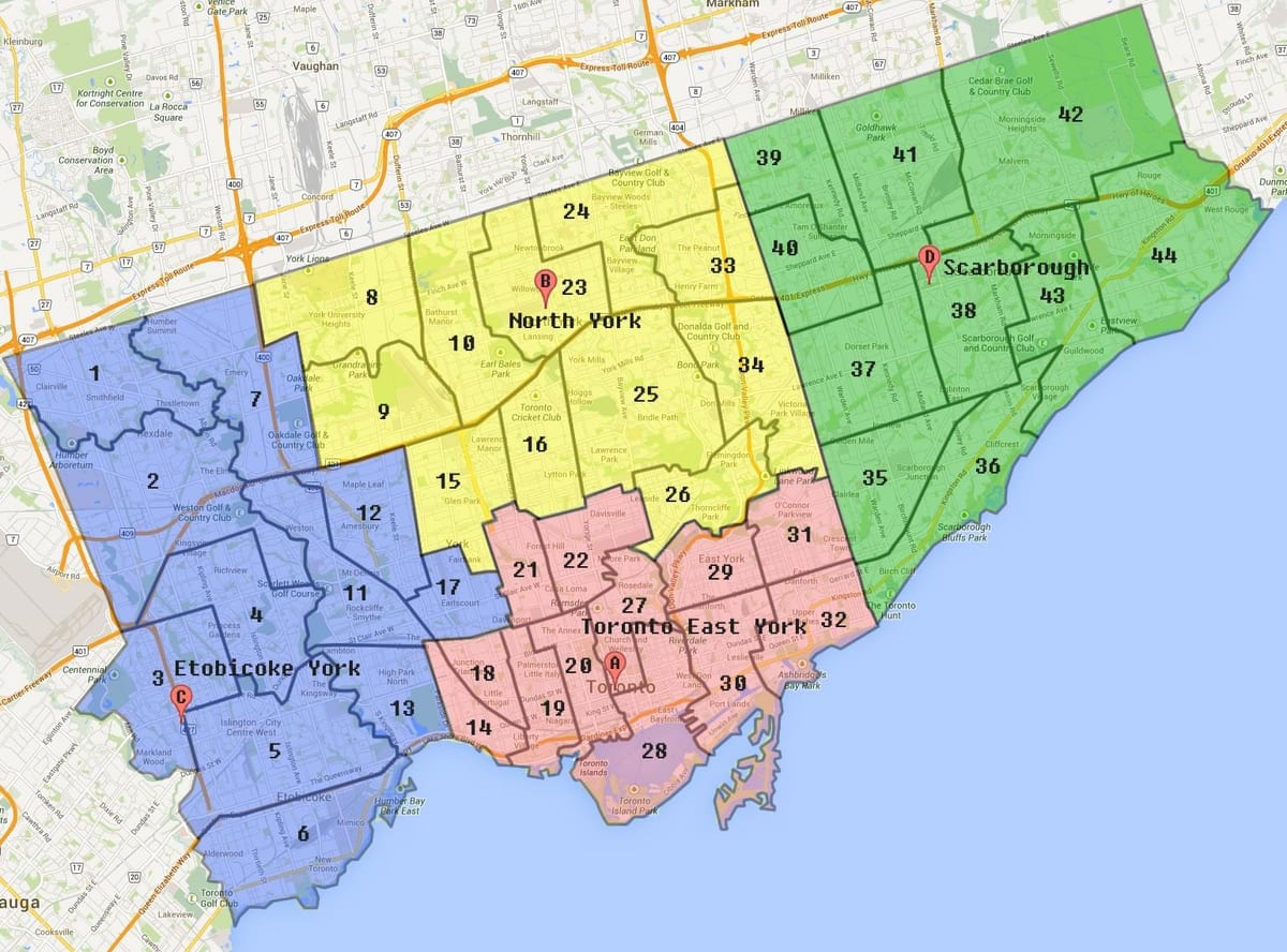 Kat jeyografik nan Toronto Vil la Fwontyè